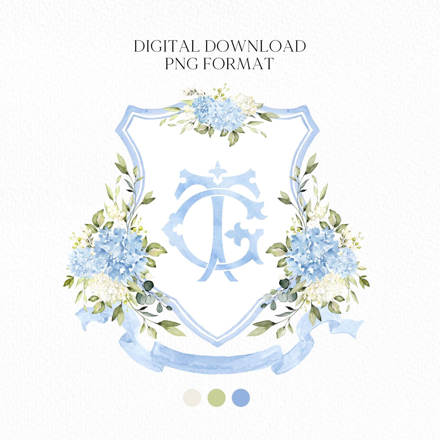 Blue and White Hydrangea Flower Wedding Crest - Monogram Crest - Hydrangea Floral Luxury Watercolor Wedding Crest - Romantic Wedding Crest