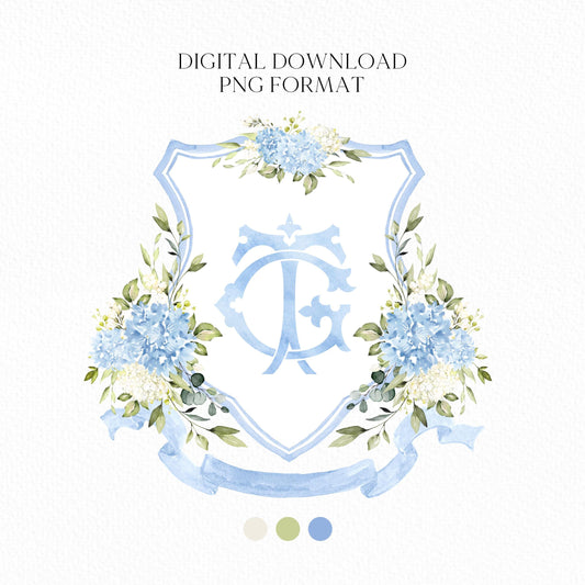 Blue and White Hydrangea Flower Wedding Crest - Monogram Crest - Hydrangea Floral Luxury Watercolor Wedding Crest - Romantic Wedding Crest