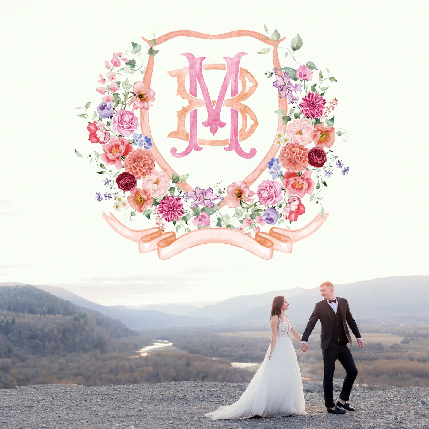 Wildflower Pink Flower Wedding Crest - Monogram Crest - Floral Luxury Watercolor Wedding Crest - Romantic Wedding Crest