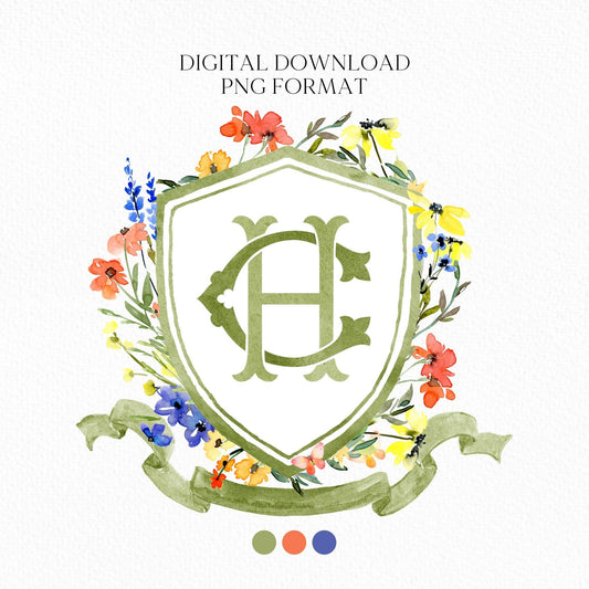 Wildflowers Bright Floral Colorful Watercolor Wedding Crest - Monogram Crest - Spring Floral Watercolor Wedding Crest - Wedding Crest