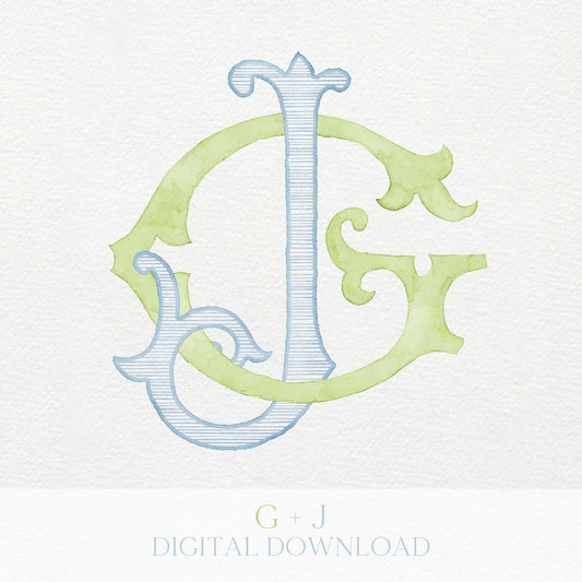 Watercolor Wedding Monogram – JG Initial Crest (Digital Download)