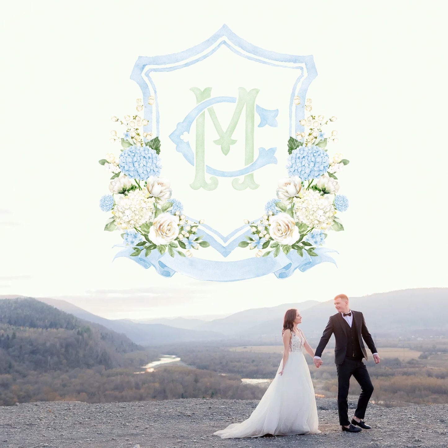 Blue Hydrangea Roses Flower Greenery Wedding Crest - Monogram Crest - White Cream Roses Floral