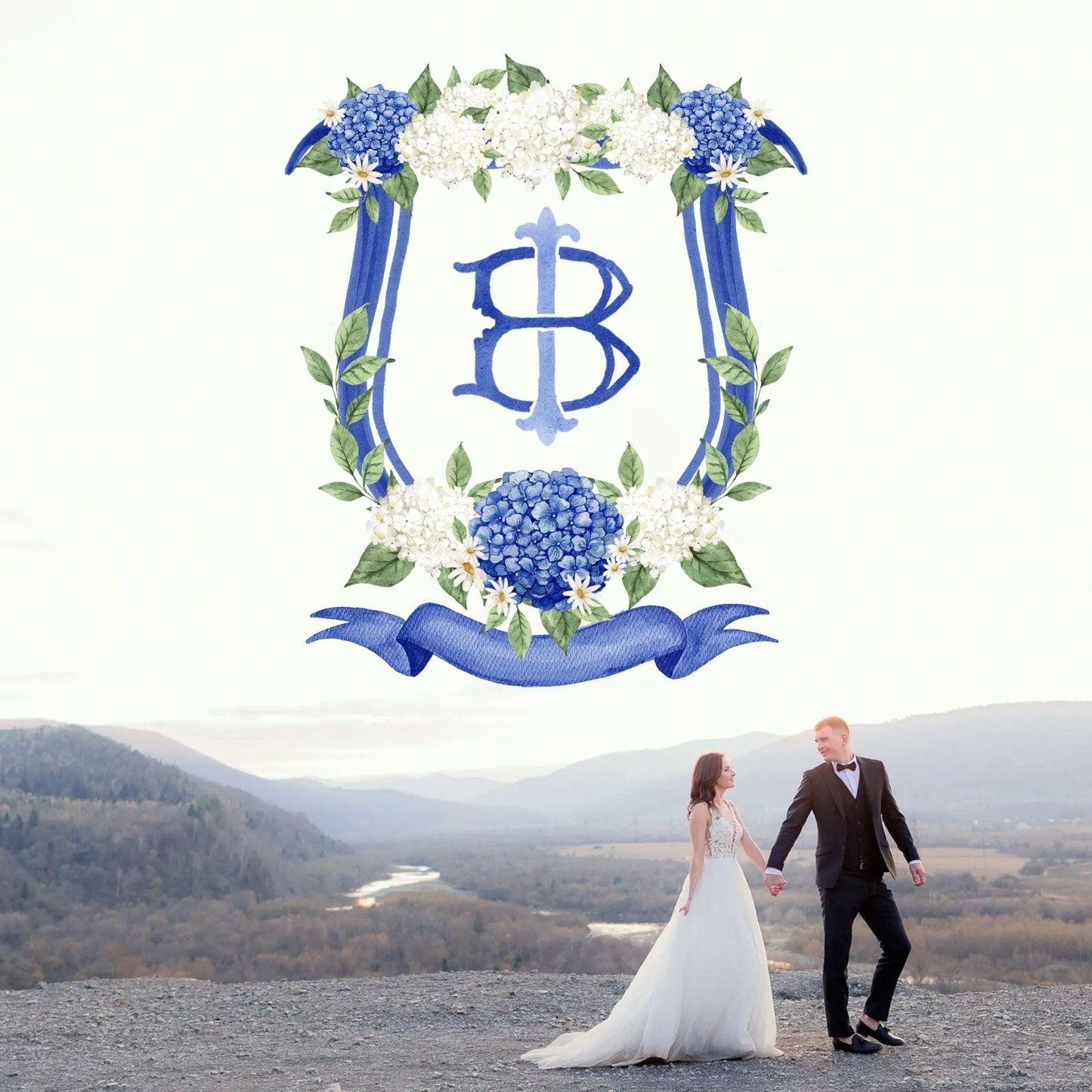 Hydrangea Flower Wedding Crest - Monogram Crest - Hydrangea Floral Luxury Watercolor Wedding Crest - Romantic Wedding Crest- Boho Hydrangea