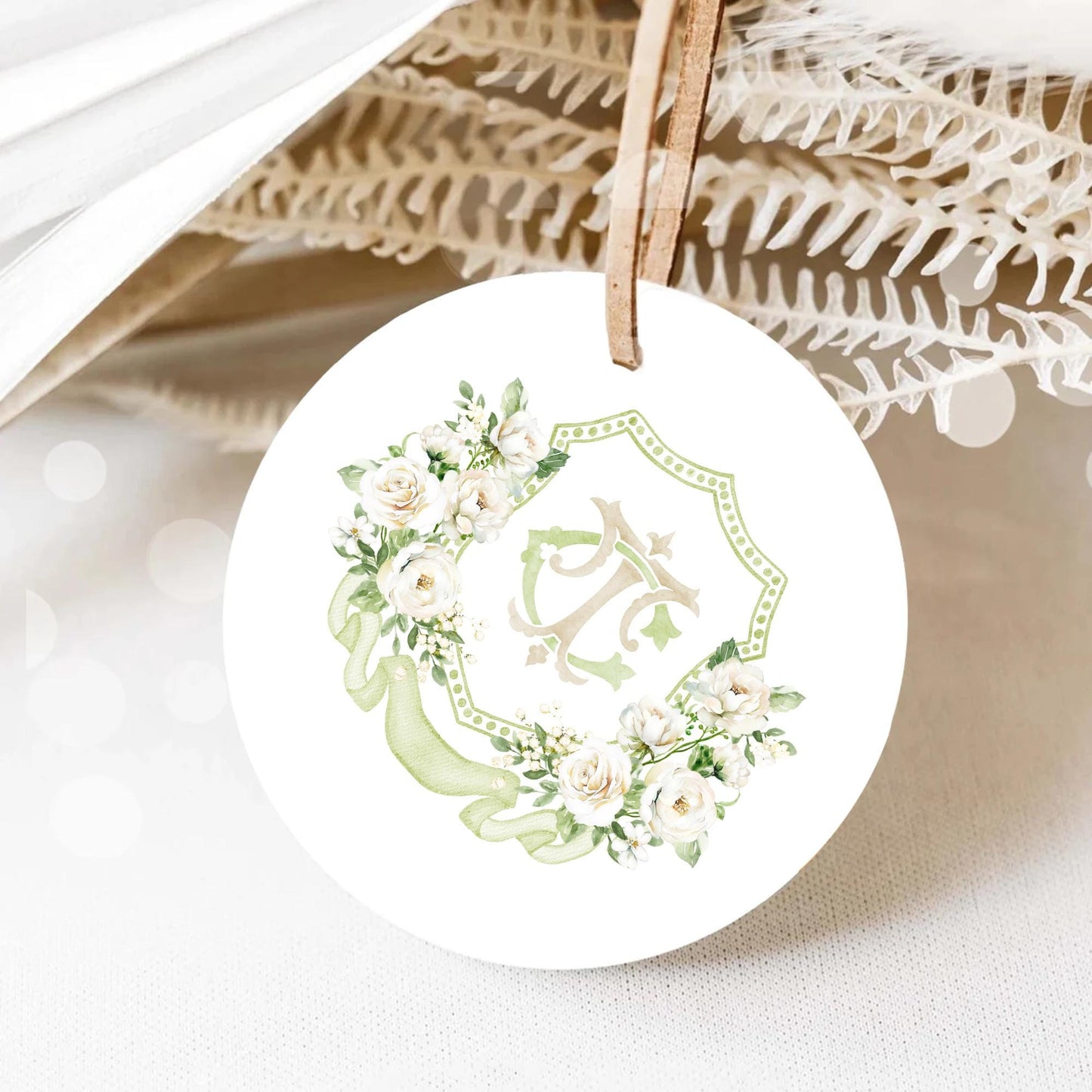 White Rose Greenery White Flower Wedding Crest - Monogram Crest - White Cream Roses flower Watercolor Wedding Crest - Romantic Wedding Crest