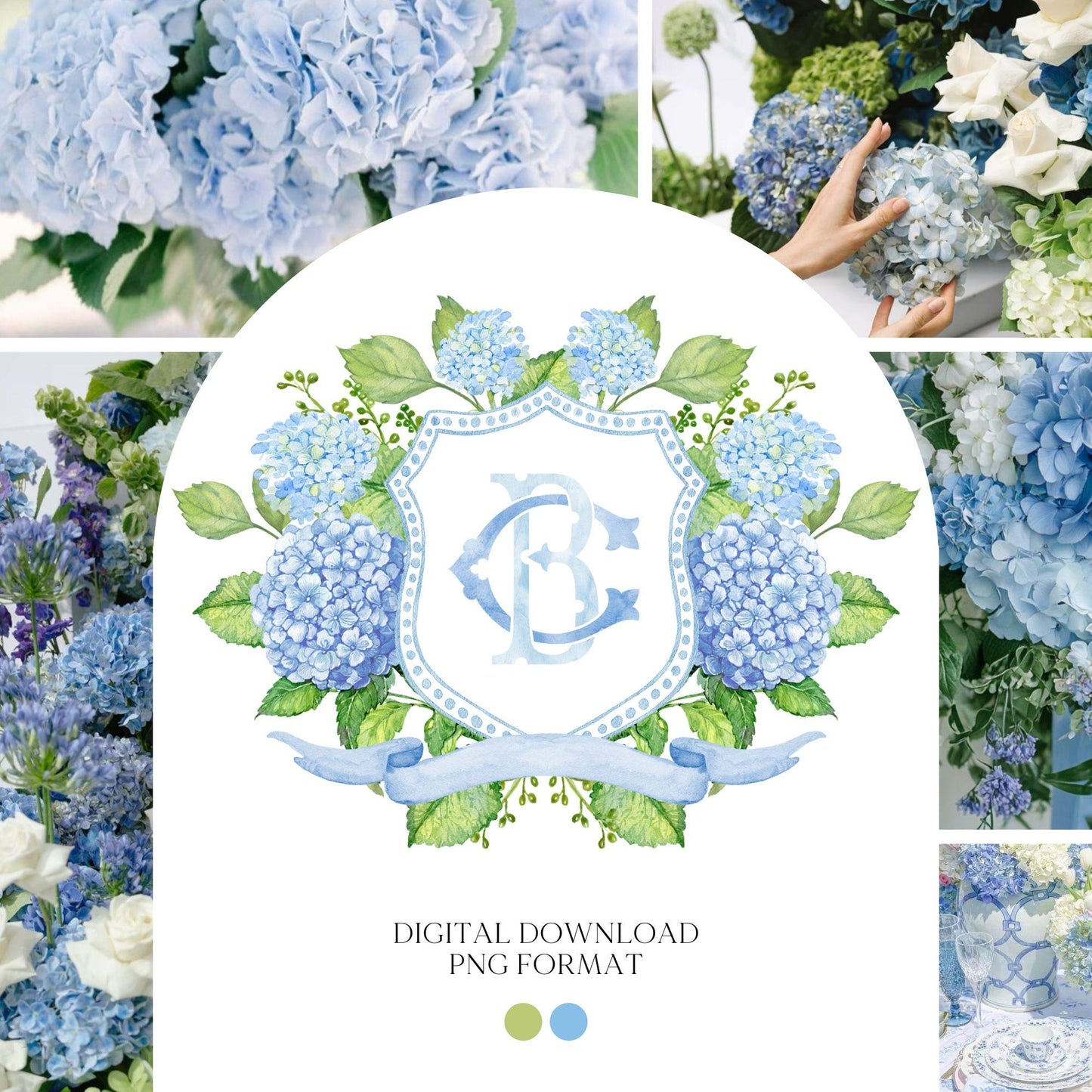 Hydrangea Blue Wedding Crest - Monogram Crest - Hydrangea Floral Luxury Watercolor Wedding Crest - Romantic Wedding Crest