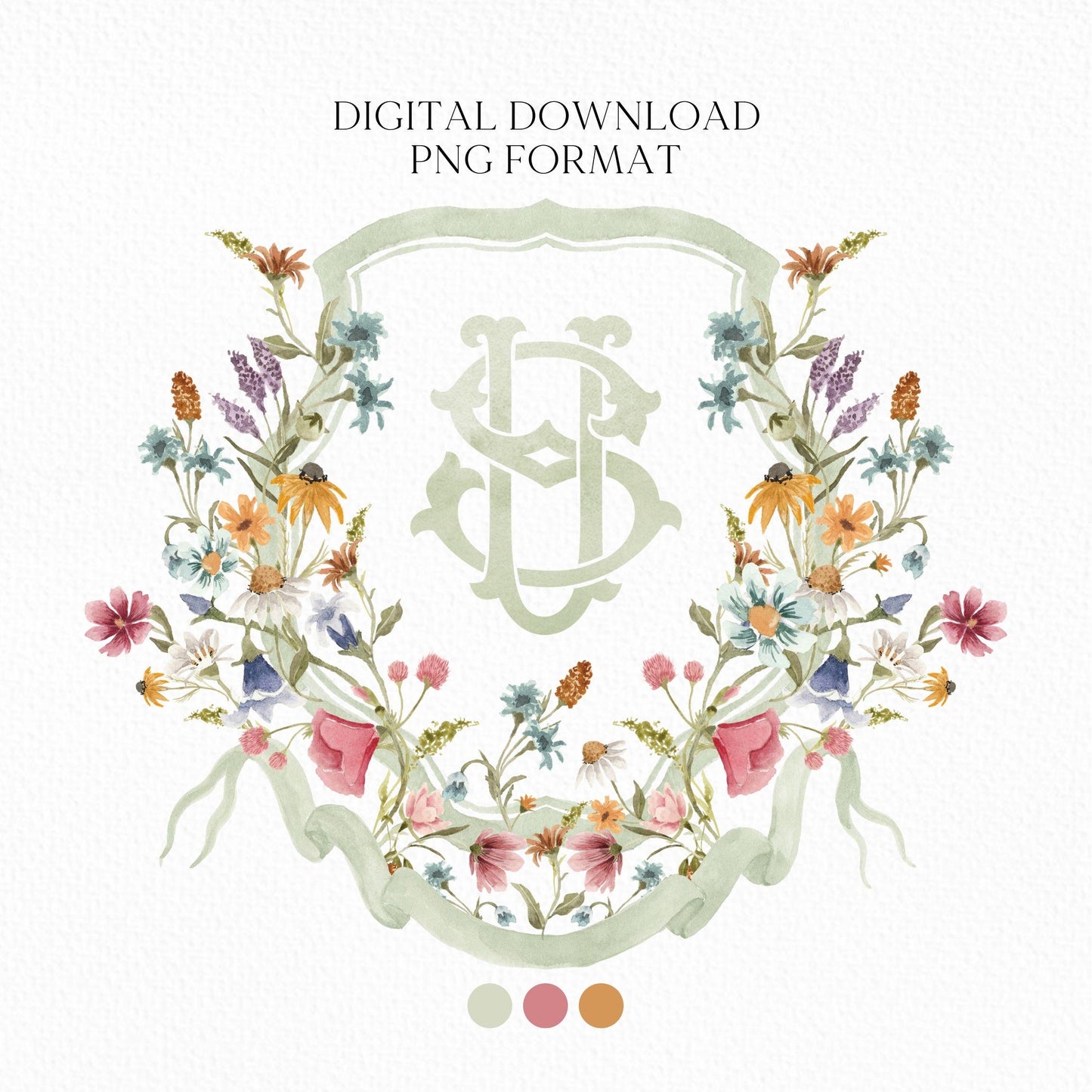 Wildflower Flower Wedding Crest - Monogram Crest - Wildflower Floral Luxury Watercolor Wedding Crest - Romantic Wedding Crest