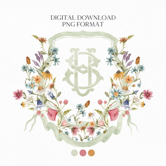 Wildflower Flower Wedding Crest - Monogram Crest - Wildflower Floral Luxury Watercolor Wedding Crest - Romantic Wedding Crest