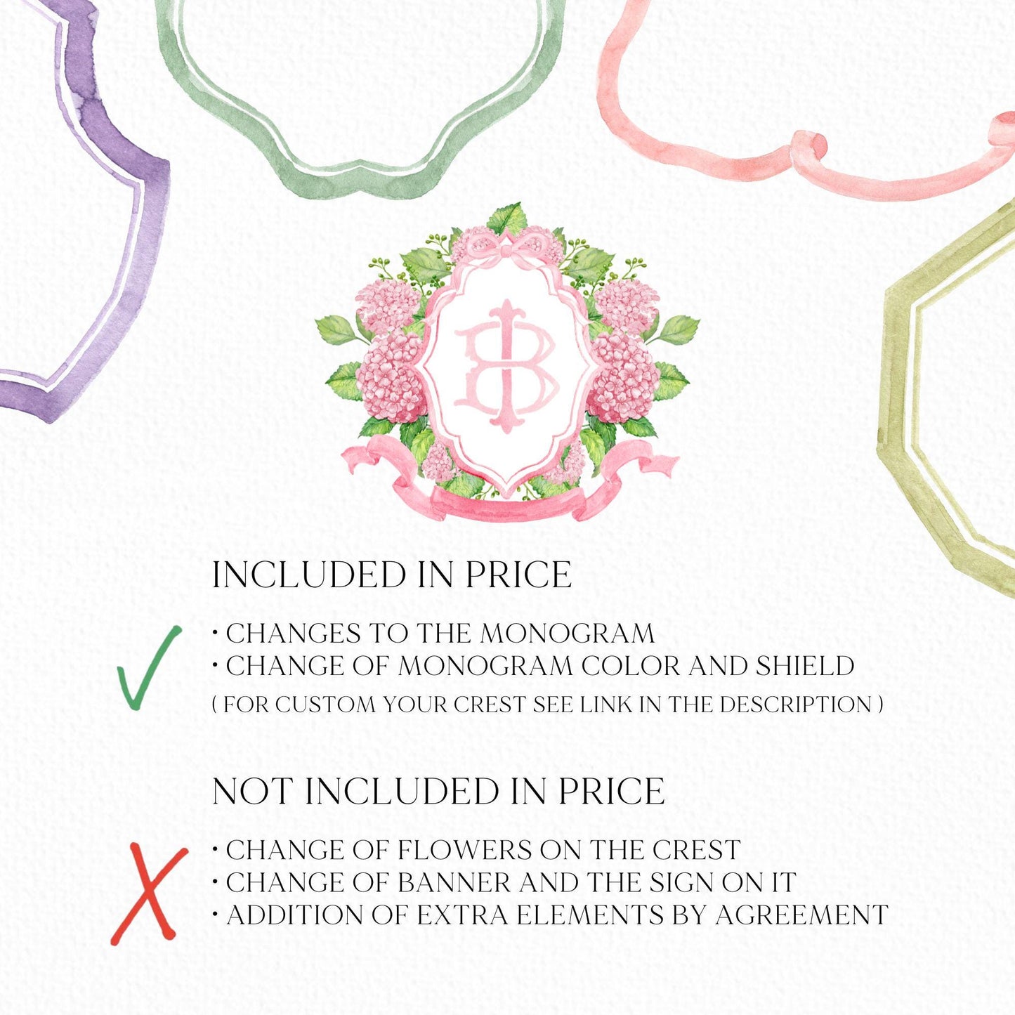 Pink Hydrangea Flower Wedding Crest - Monogram Crest - Hydrangea Floral Luxury Watercolor Wedding Crest - Romantic Wedding Crest