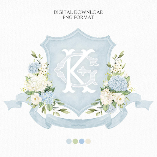 Hydrangea Flower Wedding Crest - Monogram Crest - Hydrangea Floral Luxury Watercolor Wedding Crest - Romantic Wedding Crest- Boho Hydrangea
