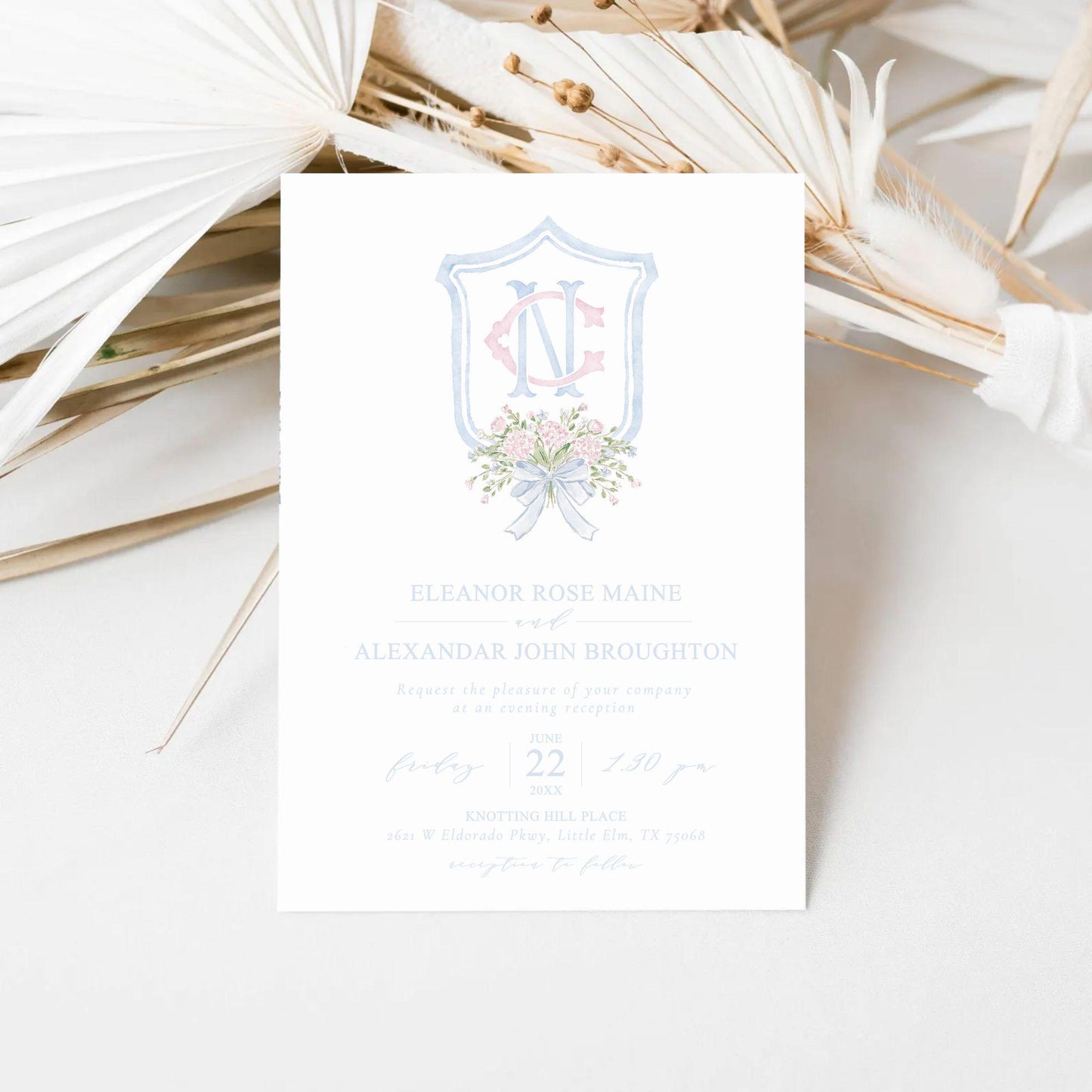 Hydrangea Pink Green Floral Wedding Crest - Monogram Crest - Green Baby's Breath Hydrangea Floral Luxury Watercolor Wedding Crest