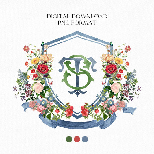 Vintage Botanical Flower Wedding Crest - Monogram Crest - Garden Butterfly Floral Luxury Watercolor Wedding Crest - Romantic Wedding Crest