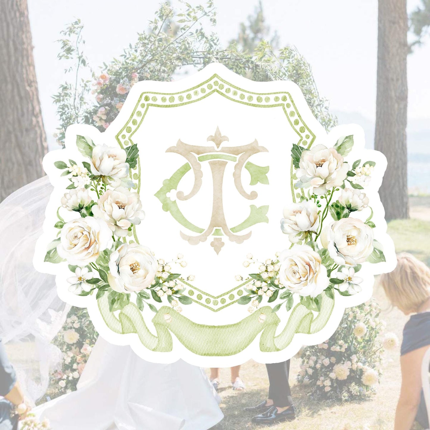 White Rose Greenery White Flower Wedding Crest - Monogram Crest - White Cream Roses flower Watercolor Wedding Crest - Romantic Wedding Crest