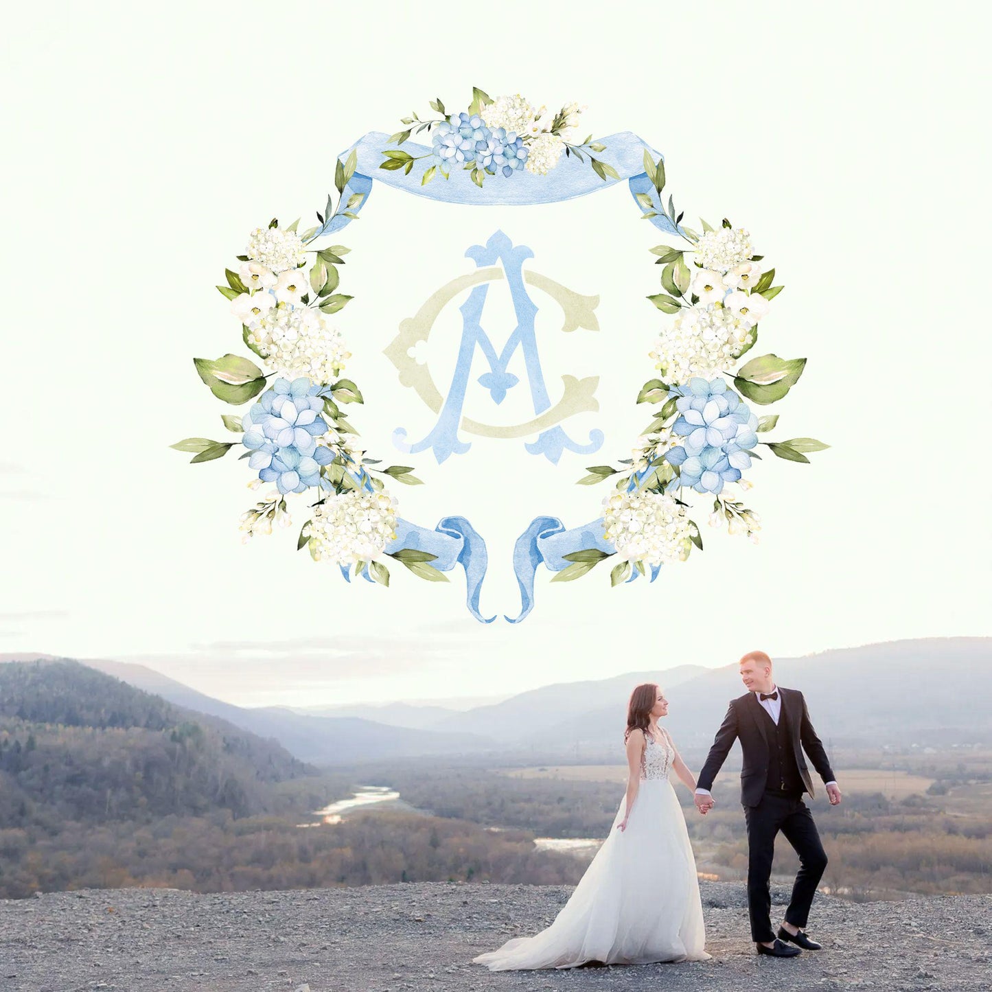Hydrangea Flower Wedding Crest - Monogram Crest - Hydrangea Floral Luxury Watercolor Wedding Crest - Romantic Wedding Crest- Boho Hydrangea