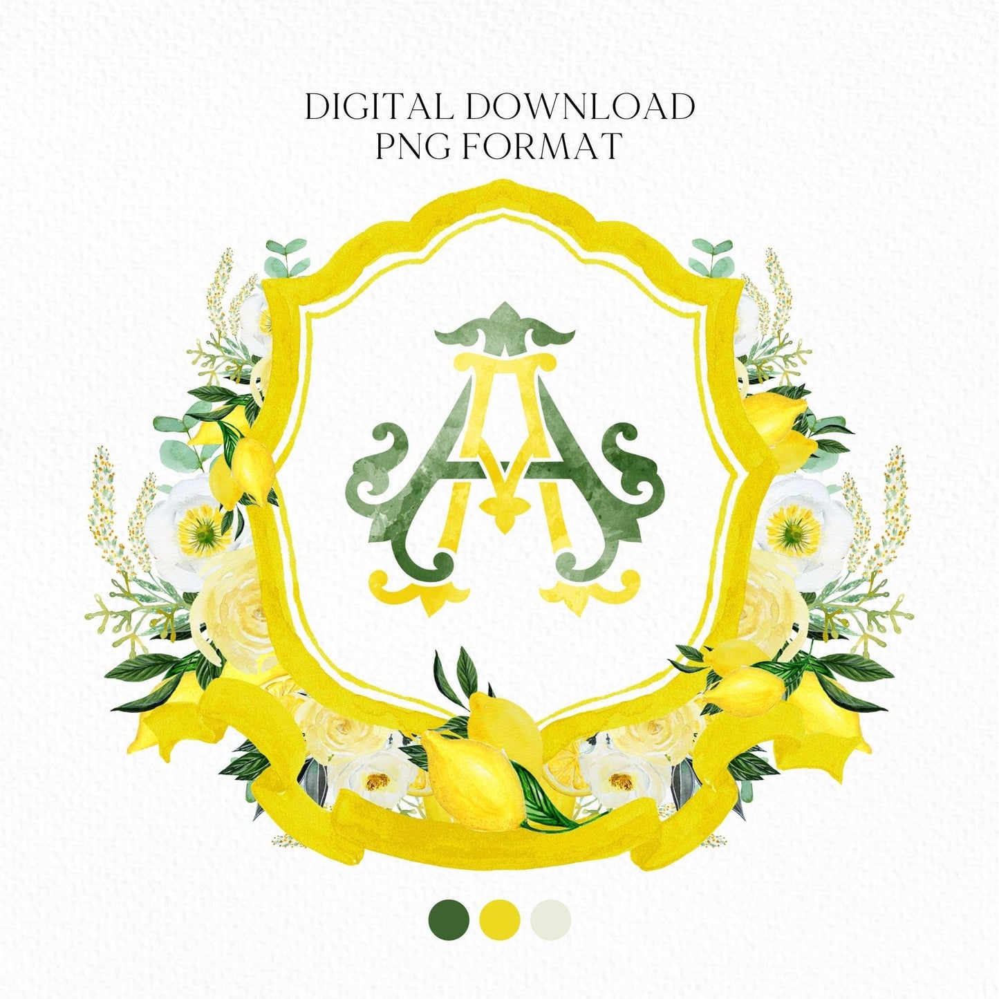Yellow Floral Lemons Watercolor Wedding Crest - Monogram Crest - Floral Luxury Watercolor Wedding Crest - Romantic Wedding Crest
