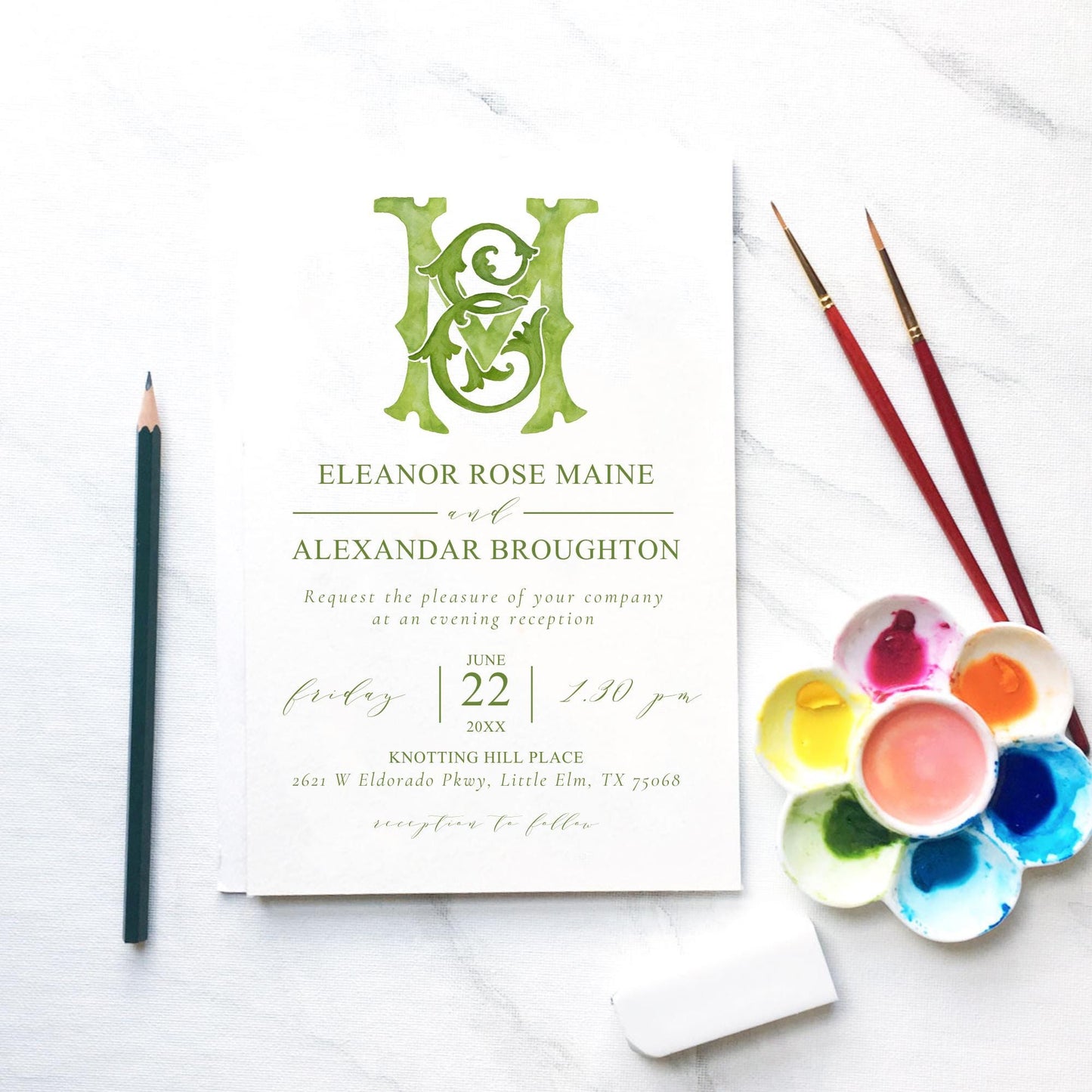 Watercolor Wedding Monogram – ME/EM Initial Crest (Digital Download)