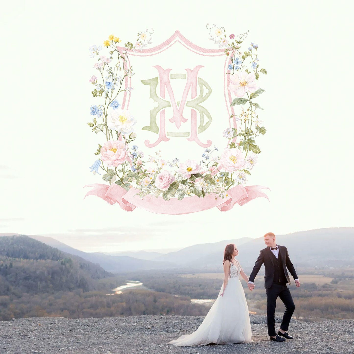 Pastel Wildflowers Light Pink Watercolor Wedding Crest - Monogram Crest - Floral Watercolor Wedding Crest - Romantic Wedding Crest