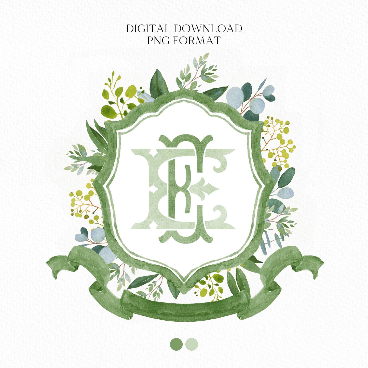 Eucalyptus Green Leaves Flower Wedding Crest - Monogram Crest - Greenery Floral Luxury Watercolor Wedding Crest - Romantic Wedding Crest