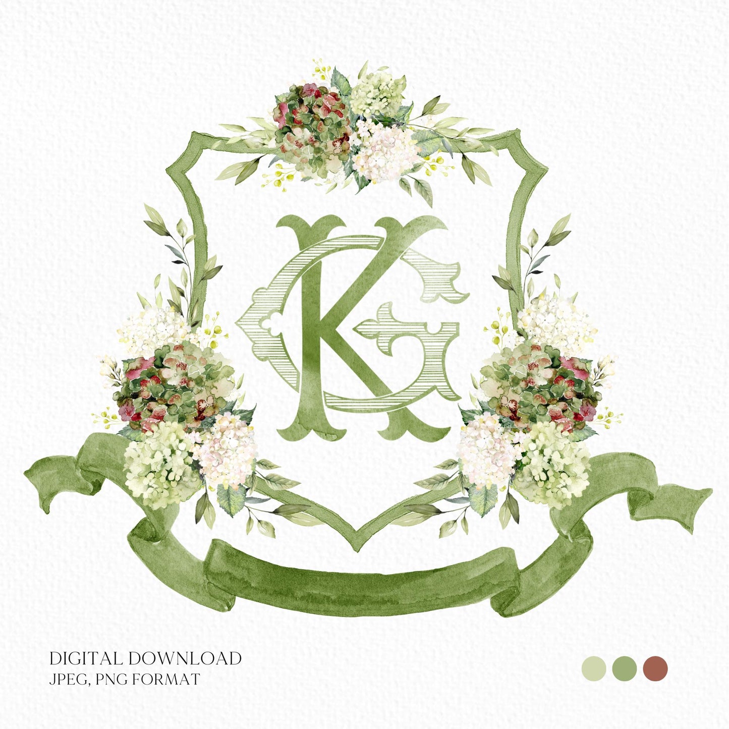 Hydrangea Macrophylla Green Flower Wedding Crest, Monogram Crest, Lush bright Greenery Floral Watercolor Wedding Crest, Hydrangea Crest