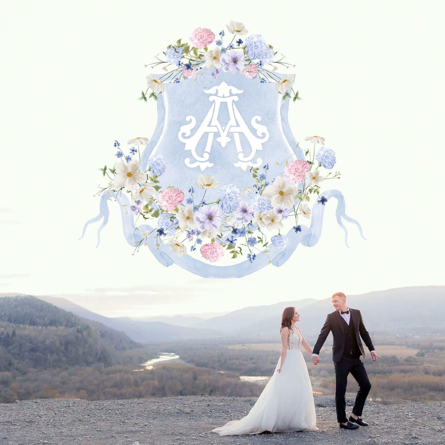 Wildflowers Bright Floral Colorful Watercolor Wedding Crest - Monogram Crest - Wildflowers Olivia Garden Flower Watercolor Wedding Crest