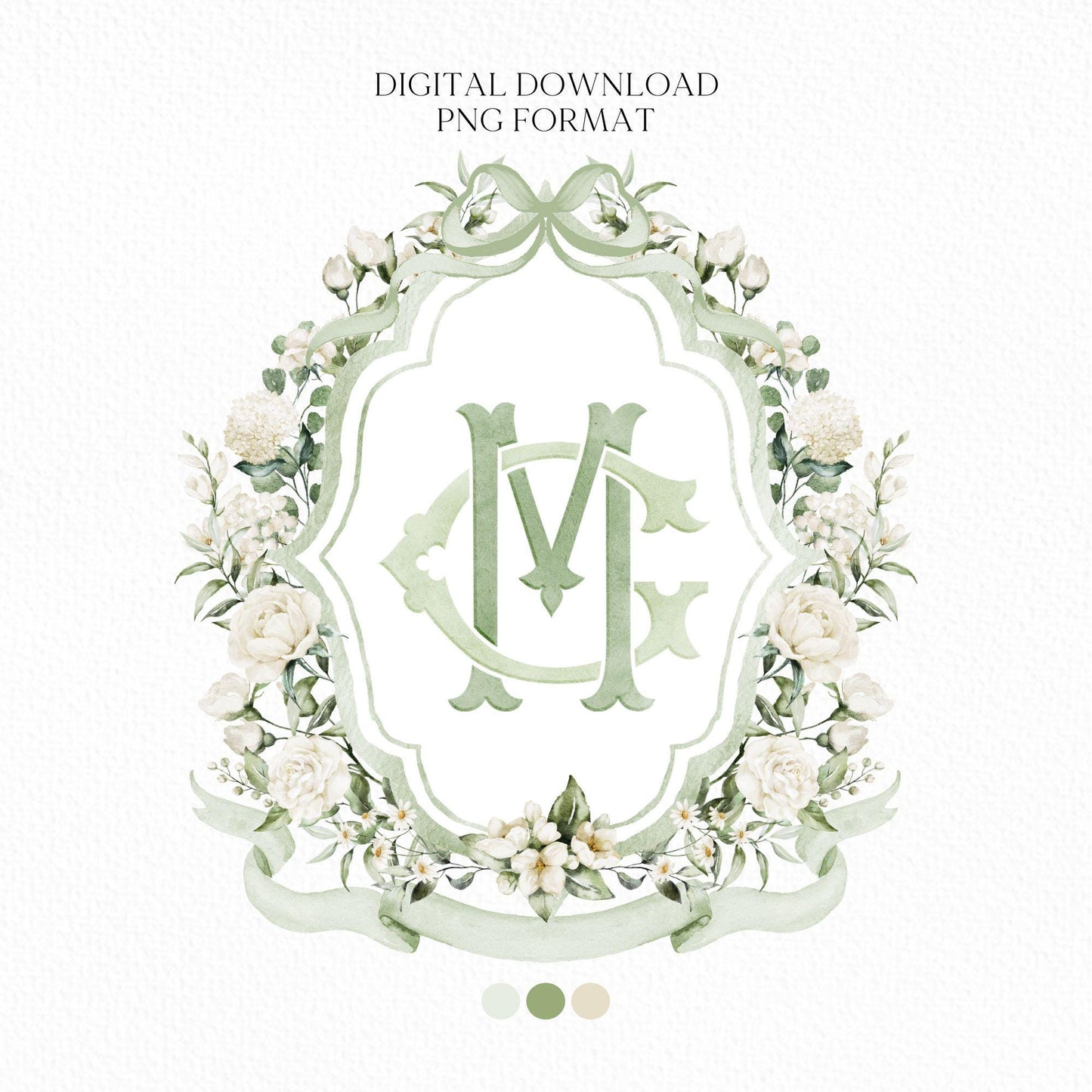 White Rose Greenery White Flower Wedding Crest - Monogram Crest - White Floral Watercolor Wedding Crest - Romantic Wedding Crest
