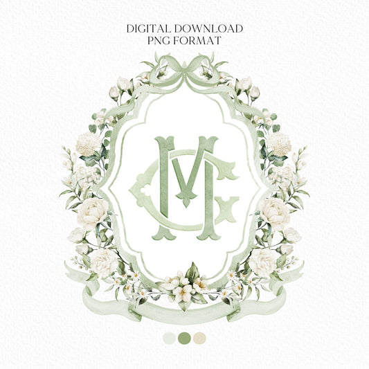 White Rose Greenery White Flower Wedding Crest - Monogram Crest - White Floral Watercolor Wedding Crest - Romantic Wedding Crest