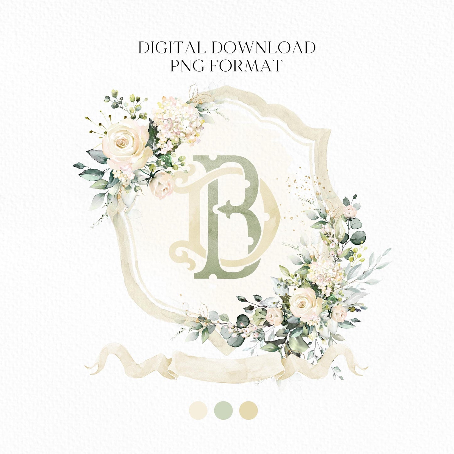 Creamy Rose Ivory Greenery Gold Flower Wedding Crest - Monogram Crest - Floral Luxury Watercolor Wedding Crest - Romantic Wedding Crest