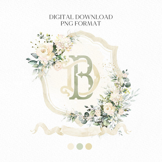 Creamy Rose Ivory Greenery Gold Flower Wedding Crest - Monogram Crest - Floral Luxury Watercolor Wedding Crest - Romantic Wedding Crest