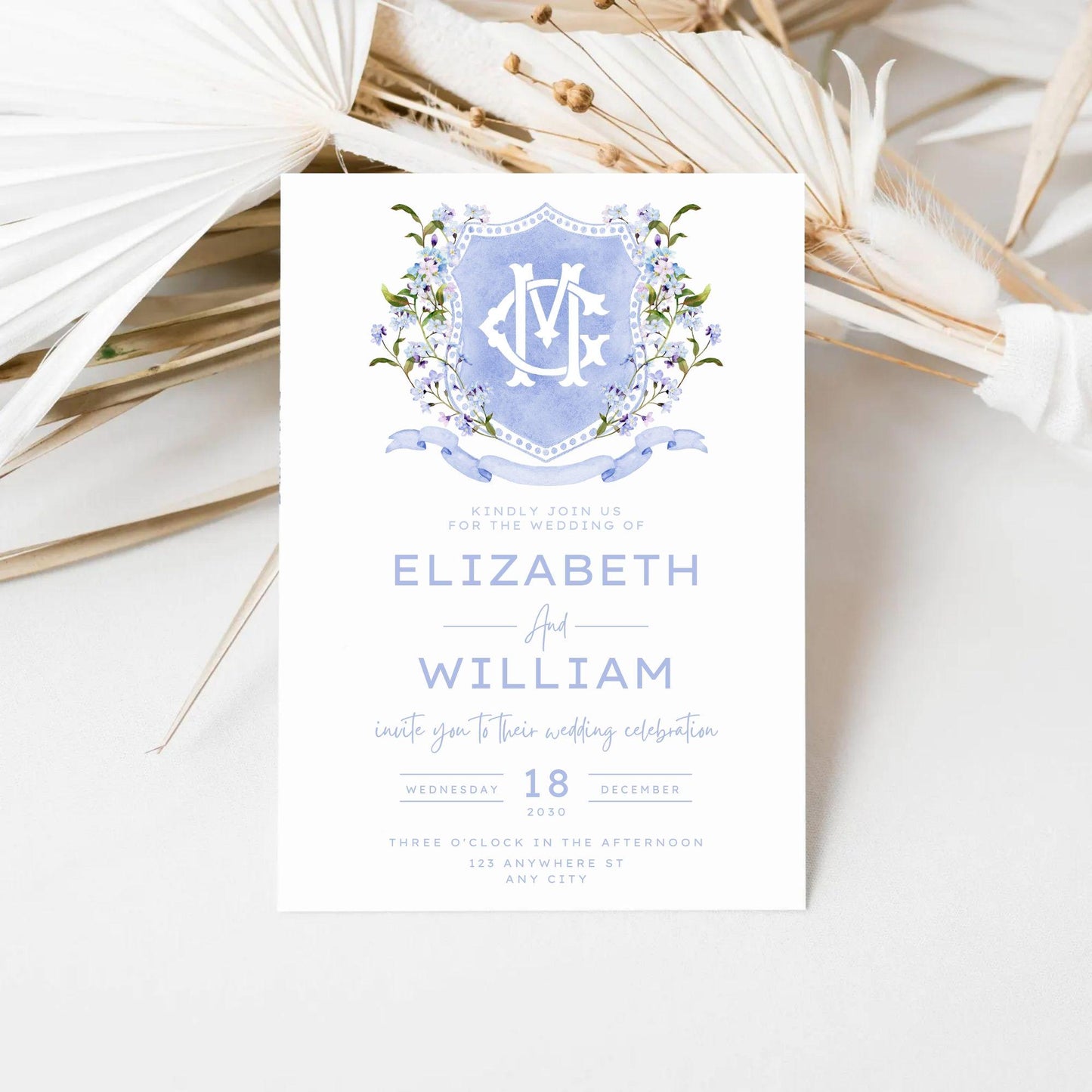 Wildflower Blue Spring Flower Wedding Crest - Monogram Crest - Wildflower bohemian Floral Watercolor Wedding Crest - Romantic Wedding Crest