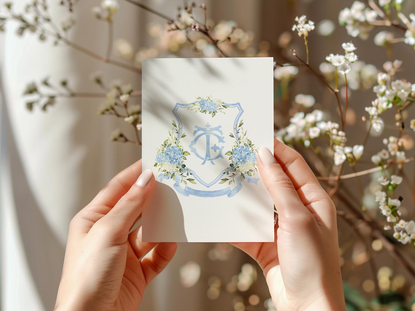 Blue and White Hydrangea Flower Wedding Crest - Monogram Crest - Hydrangea Floral Luxury Watercolor Wedding Crest - Romantic Wedding Crest
