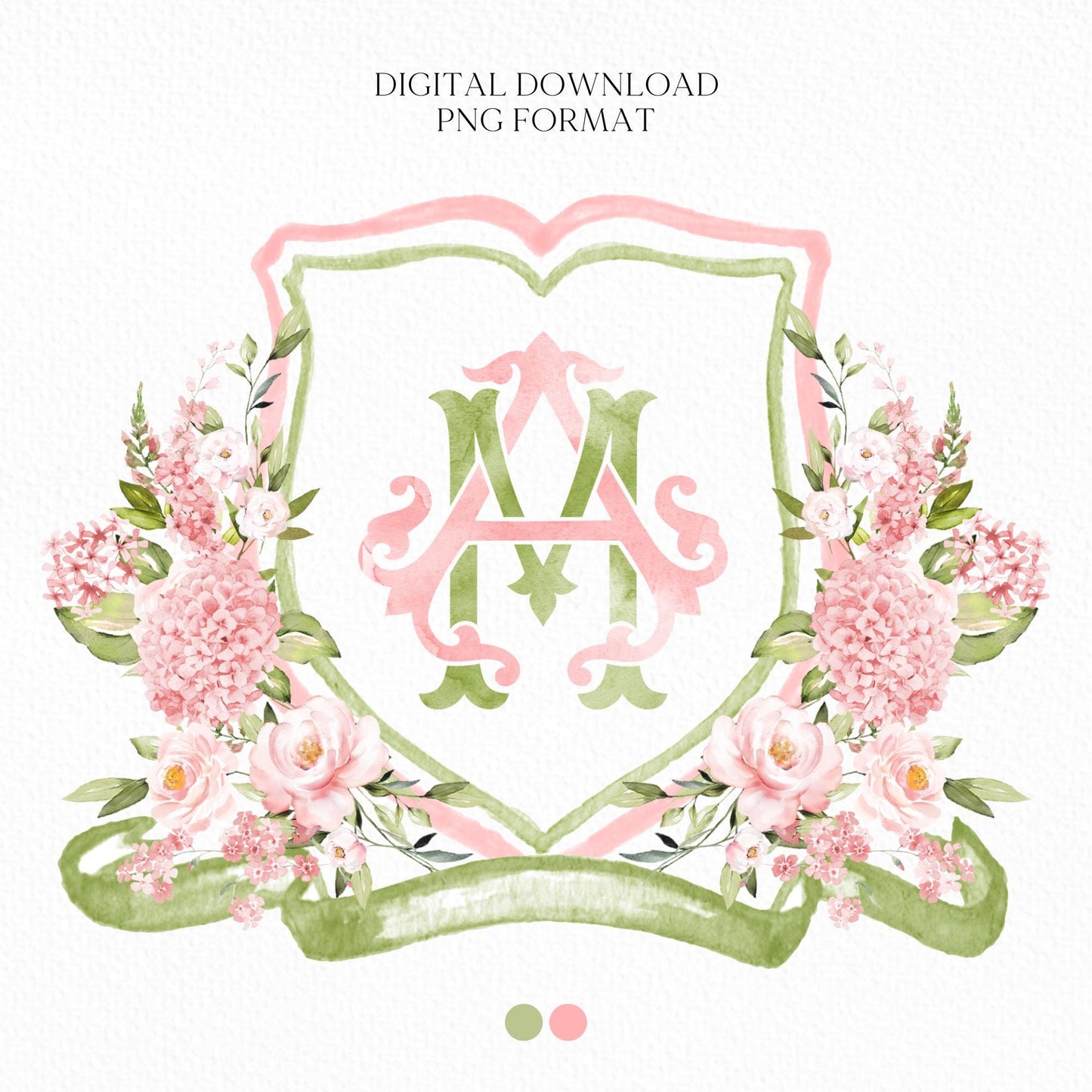 Hydrangea Blush Pink Rose Flower Wedding Crest - Monogram Crest - Pink Hydrangea Floral Luxury Watercolor Wedding Crest