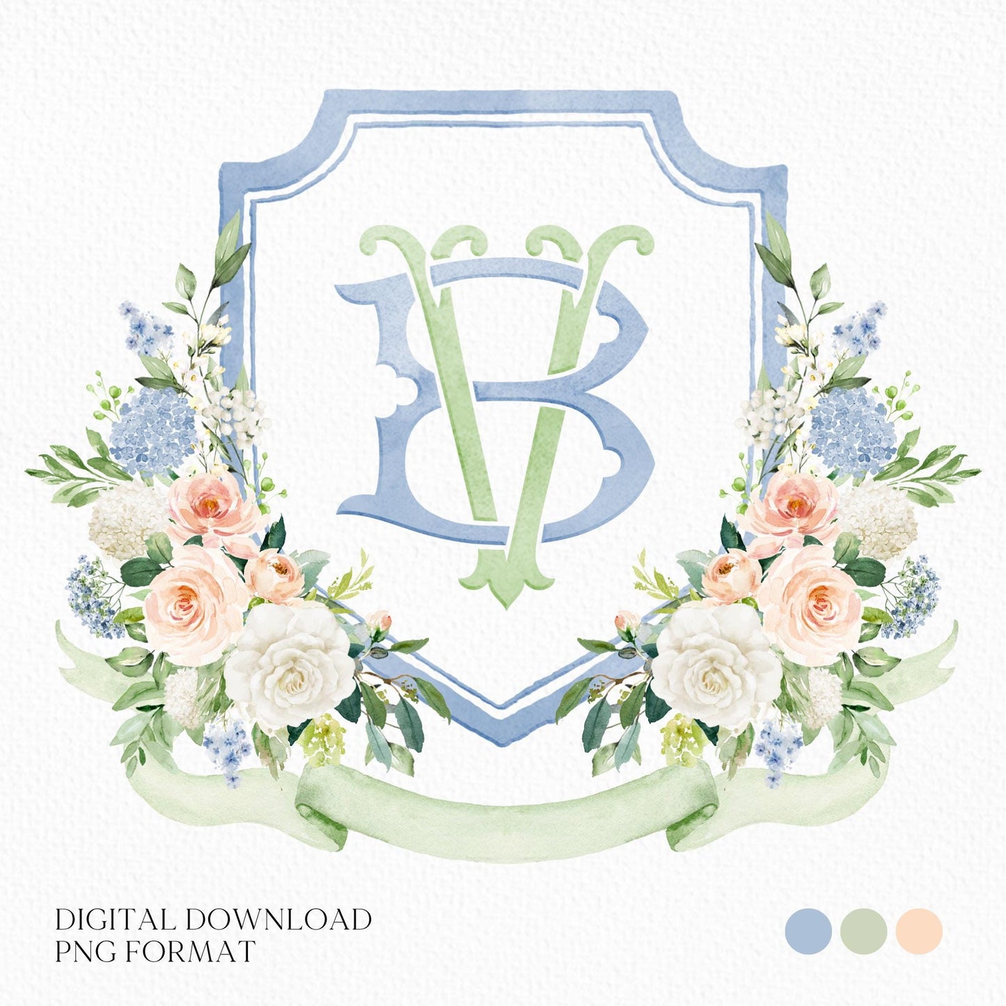 Being Dusty Light blue  Flower Wedding Crest - Monogram Crest - White Floral Watercolor Wedding Crest - Wedding Crest - Boho Hydrangea