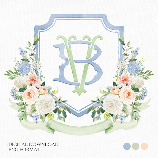 Being Dusty Light blue  Flower Wedding Crest - Monogram Crest - White Floral Watercolor Wedding Crest - Wedding Crest - Boho Hydrangea