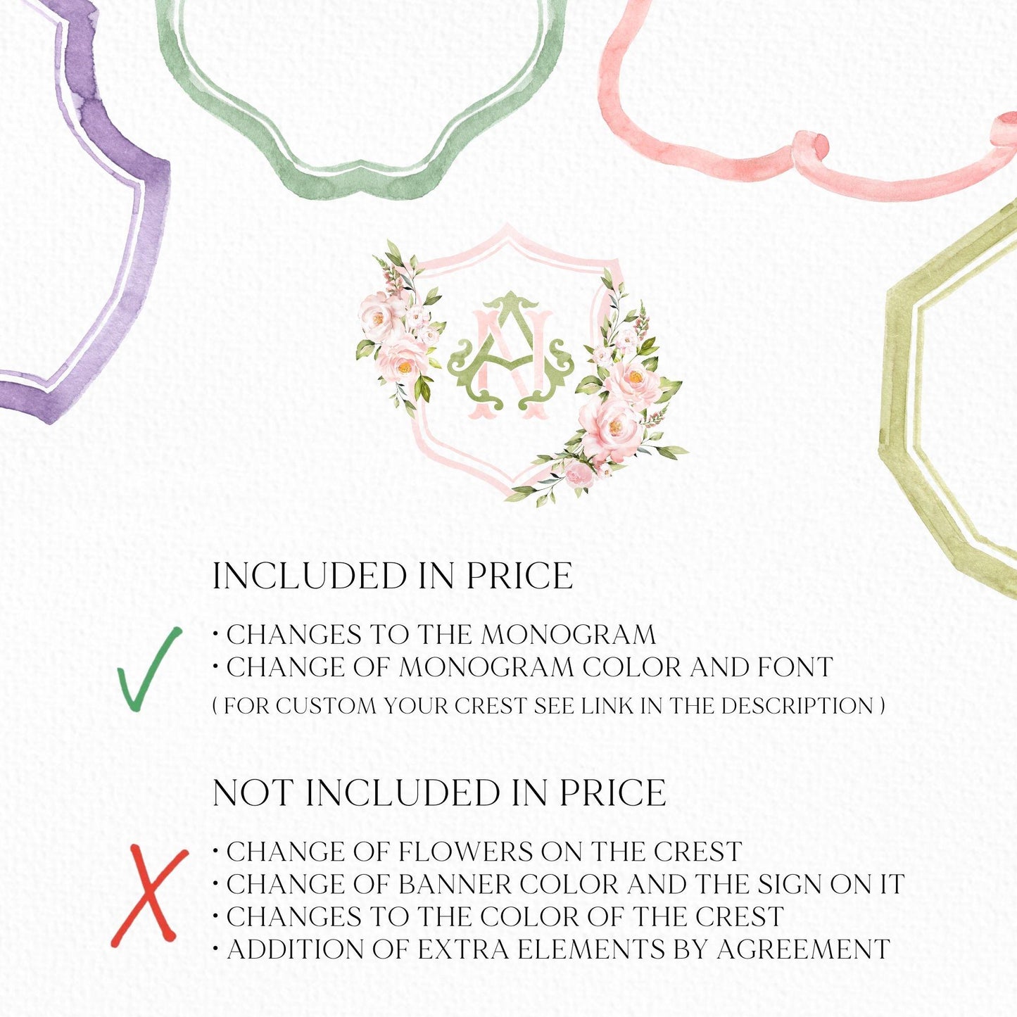 Blush Pink Floral Rustic Greenery Flower Wedding Crest - Monogram Crest - Floral Watercolor Wedding Crest - Romantic Wedding Crest