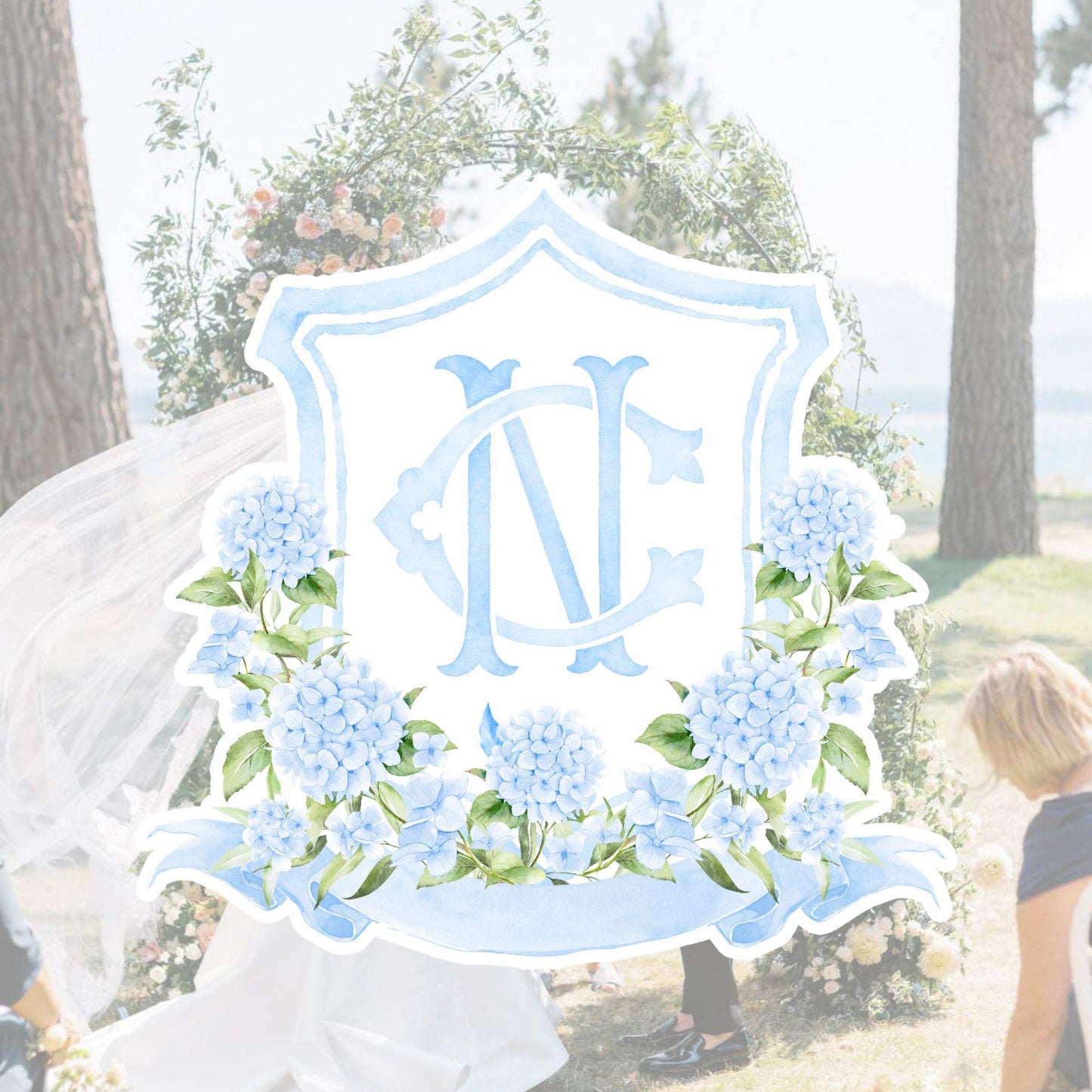 Watercolor Hydrangea Wedding Crest – Light Blue Floral Monogram (Digital Download)