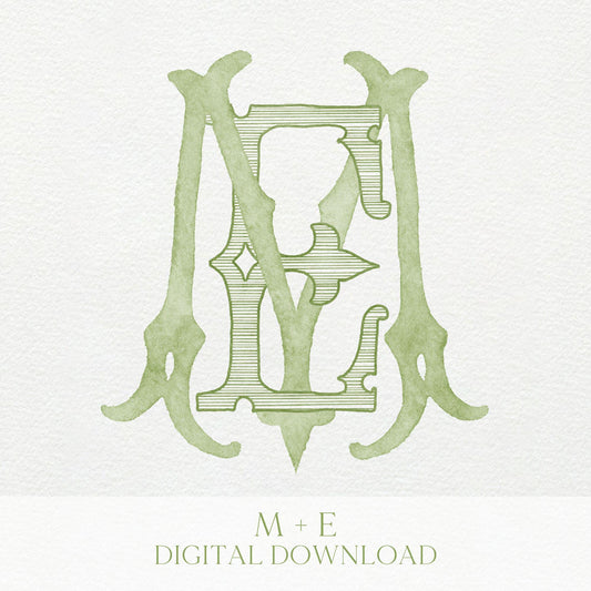 Watercolor Wedding Monogram – ME Initial Crest (Digital Download)