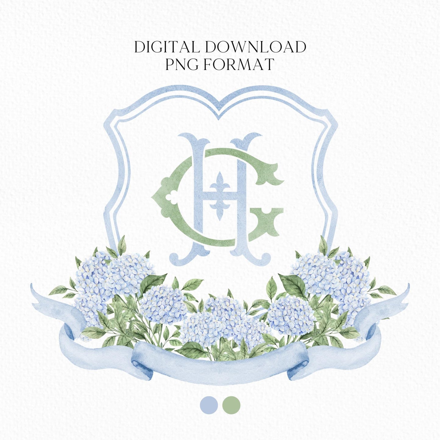 Blue Hydrangea Flower Wedding Crest - Monogram Crest - Hydrangea Light Blue Floral Luxury Watercolor Wedding Crest - Romantic Wedding Crest