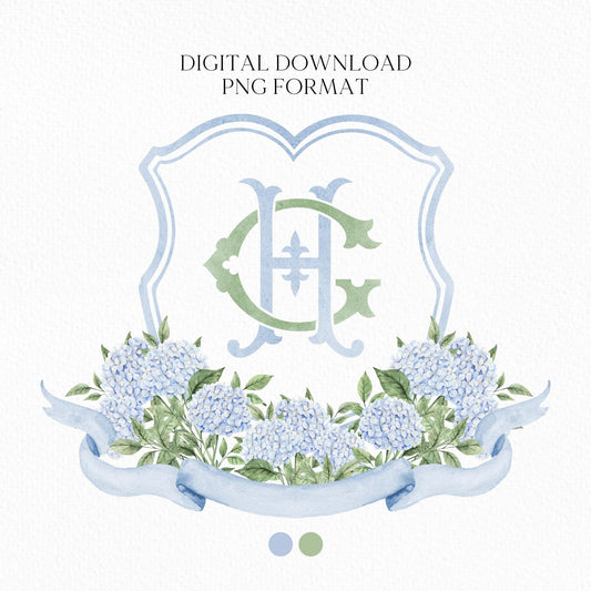 Blue Hydrangea Flower Wedding Crest - Monogram Crest - Hydrangea Light Blue Floral Luxury Watercolor Wedding Crest - Romantic Wedding Crest