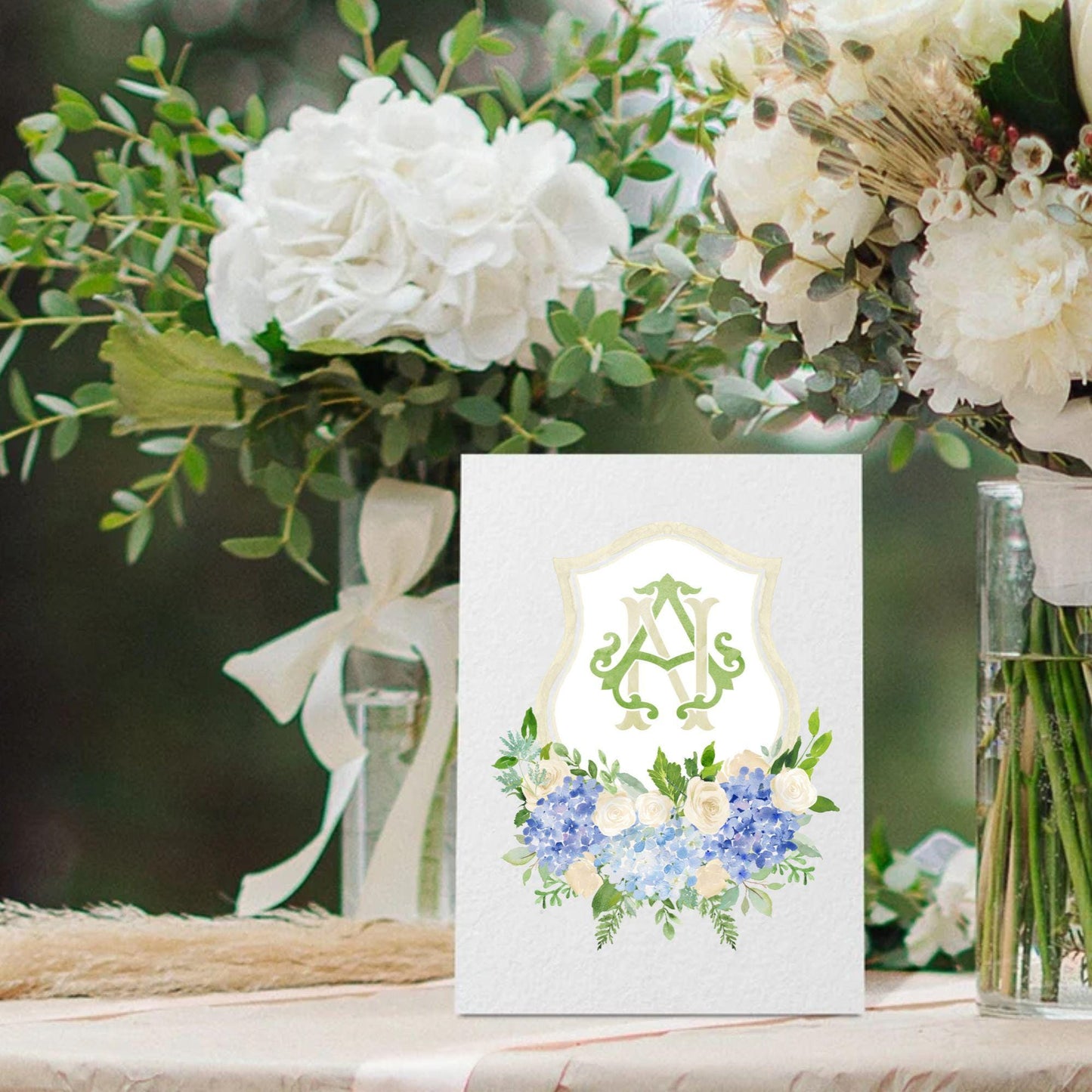 Hydrangea Flower Wedding Crest - Monogram Crest - Hydrangea Floral Blue Watercolor Wedding Crest - Romantic Wedding Crest - Boho Hydrangea