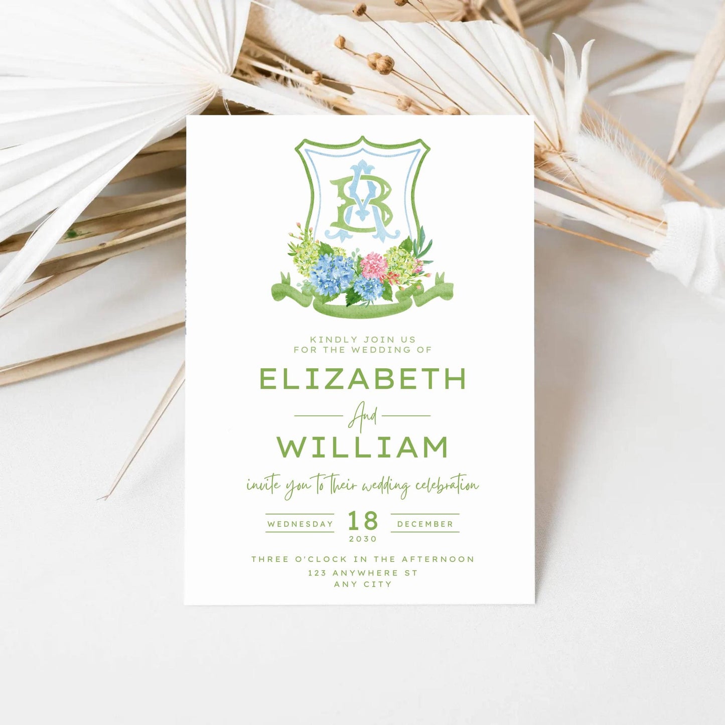 Hydrangea Blue Pink Wedding Crest - Monogram Crest - Hydrangea Green Floral Luxury Watercolor Wedding Crest - Romantic Wedding Crest
