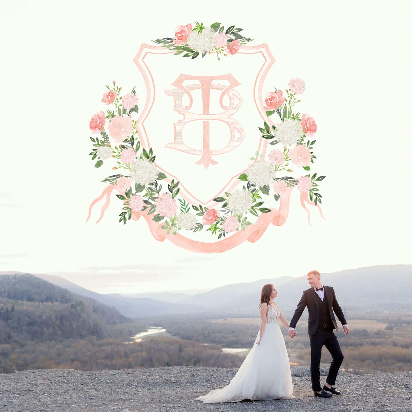 White Hydrangea Blush Peony Flower Wedding Crest - Monogram Crest - Floral Luxury Watercolor Wedding Crest - Romantic Wedding Crest