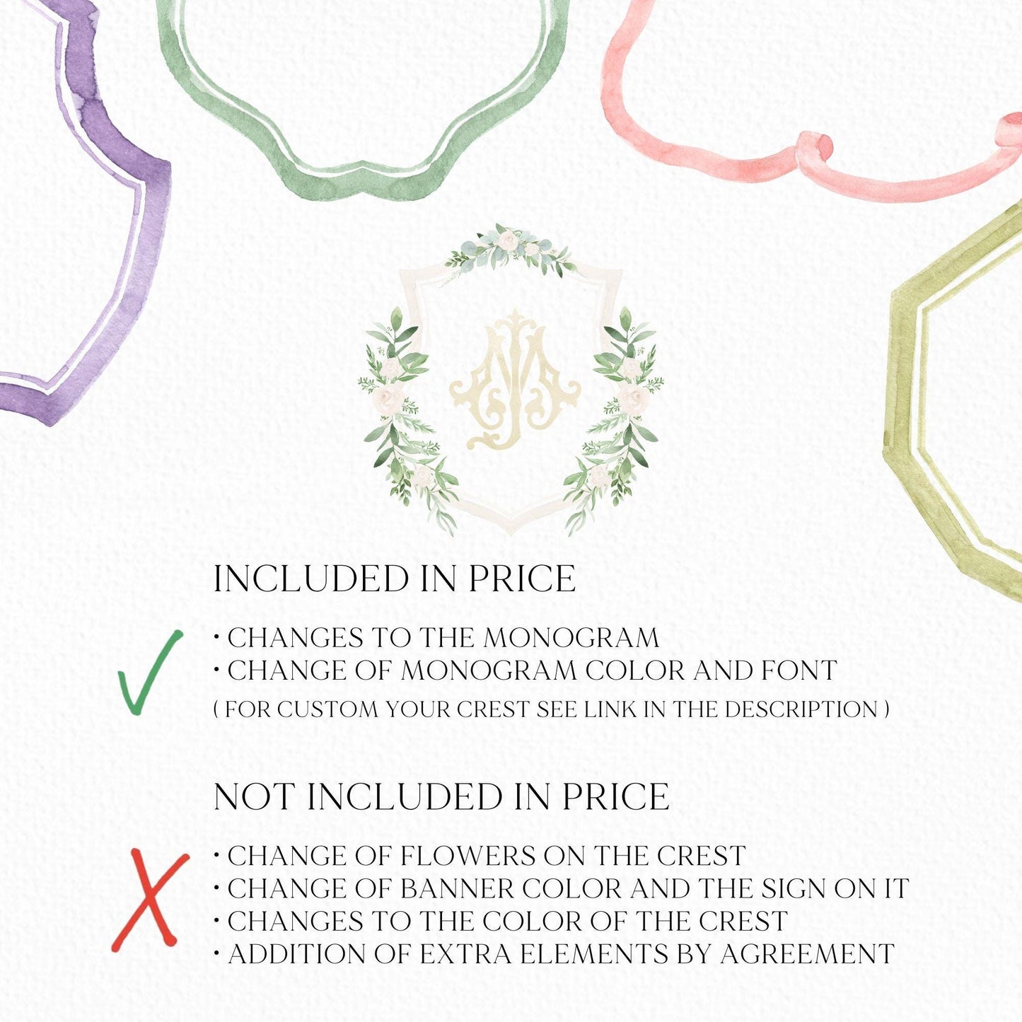Greenery and White Floral Wedding Crest - Monogram Crest - White Floral Luxury Watercolor Wedding Crest - Romantic Wedding Crest