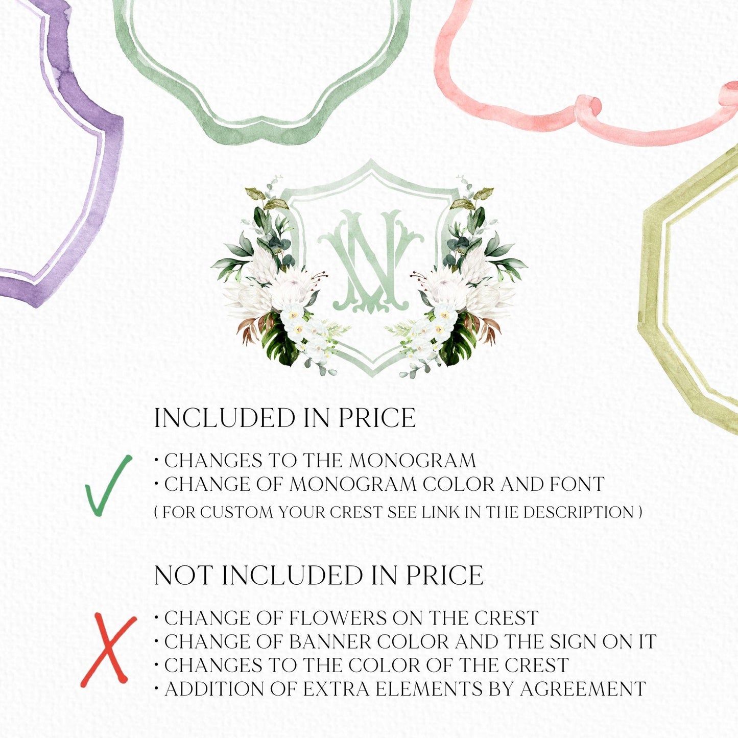 White Green Orchid Protea Tropical Flower Wedding Crest - Monogram Crest - Orchid Floral Watercolor Wedding Crest - Romantic Wedding Crest