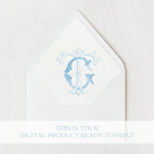 Watercolor Wedding Monogram TG/GT - Classic Initial Crest (Digital Download)