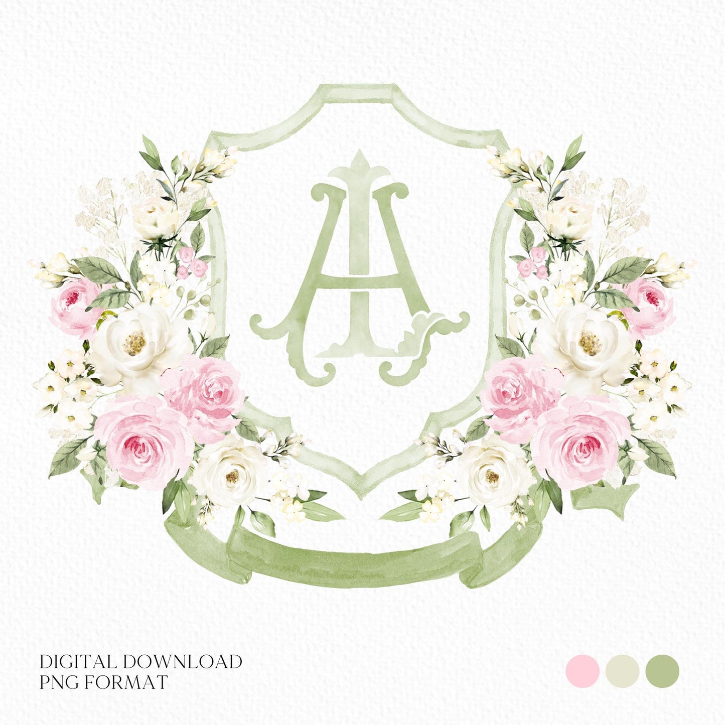 White Roses Blush Pink Rose Flower Wedding Crest - Monogram Crest - Roses Floral Luxury Watercolor Wedding Crest