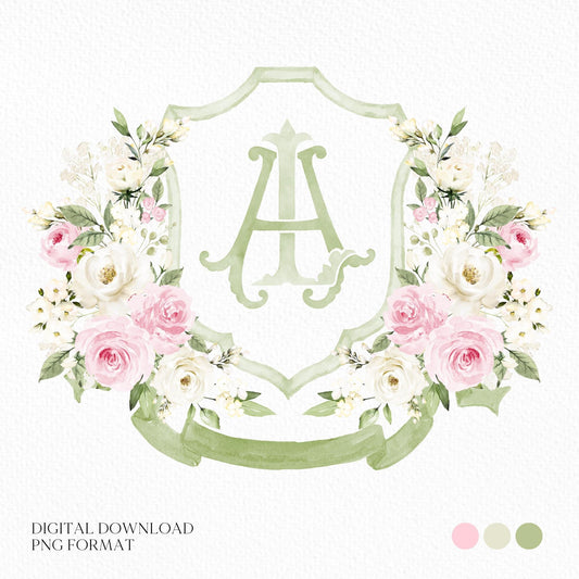 White Roses Blush Pink Rose Flower Wedding Crest - Monogram Crest - Roses Floral Luxury Watercolor Wedding Crest
