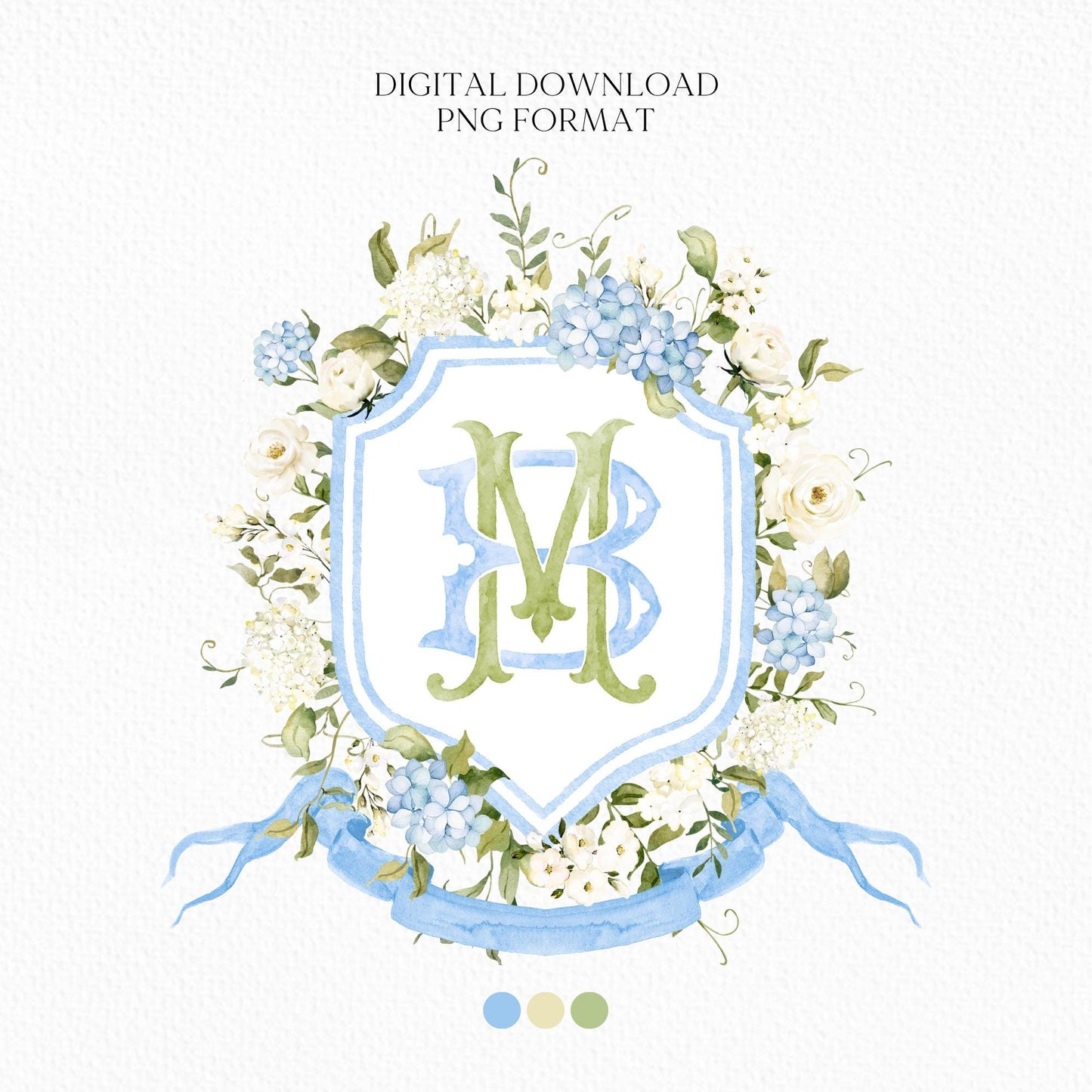 Light Blue Hydrangea Flower Wedding Crest - Monogram Crest - Hydrangea Floral Luxury Watercolor Wedding Crest - Romantic Wedding Crest