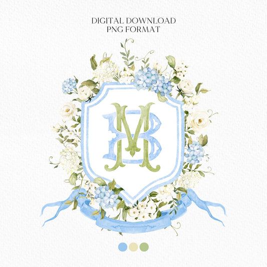 Light Blue Hydrangea Flower Wedding Crest - Monogram Crest - Hydrangea Floral Luxury Watercolor Wedding Crest - Romantic Wedding Crest