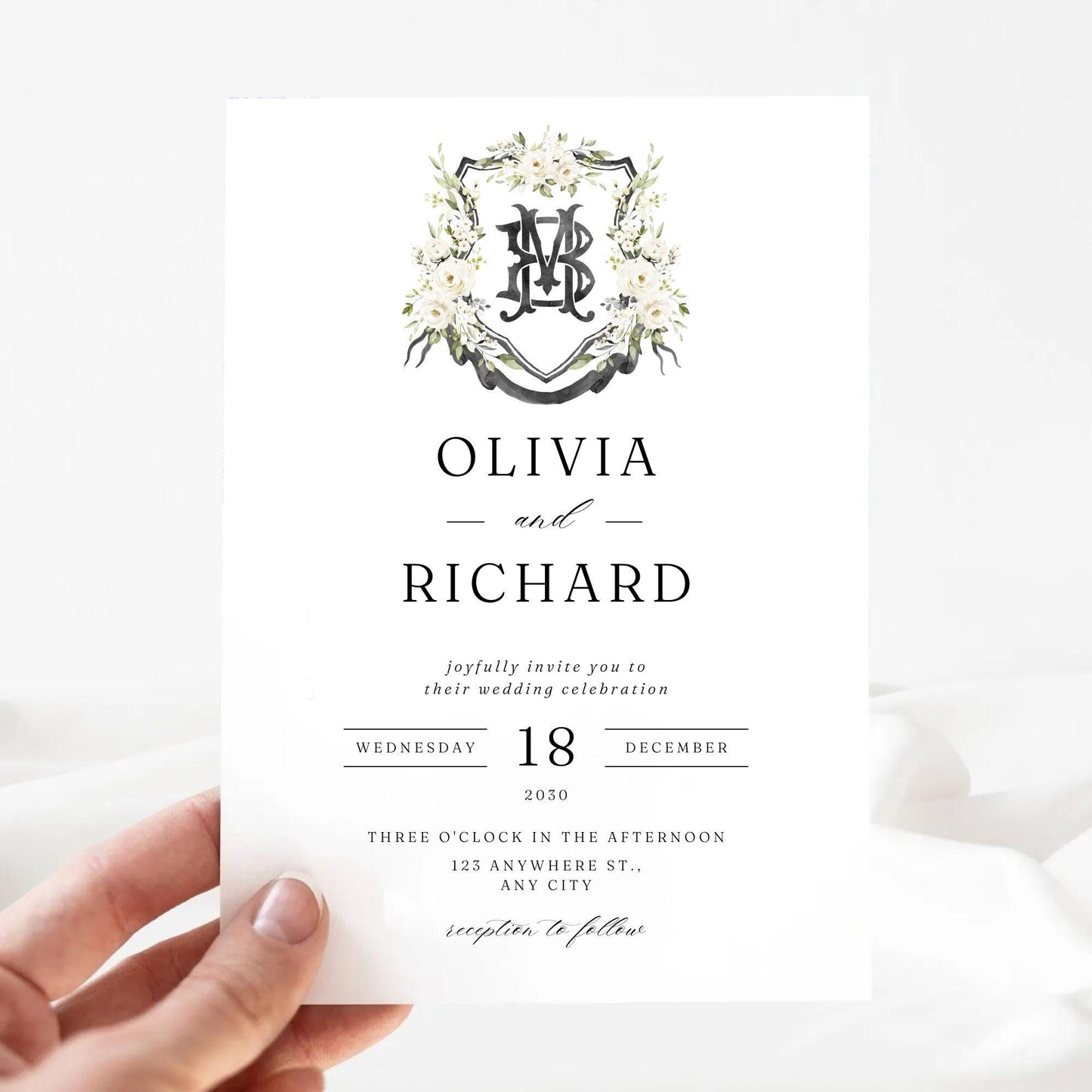 Creamy Rose Ivory Greenery White Flower Wedding Crest - Monogram Crest - White Floral Watercolor Wedding Crest - Romantic Wedding Crest