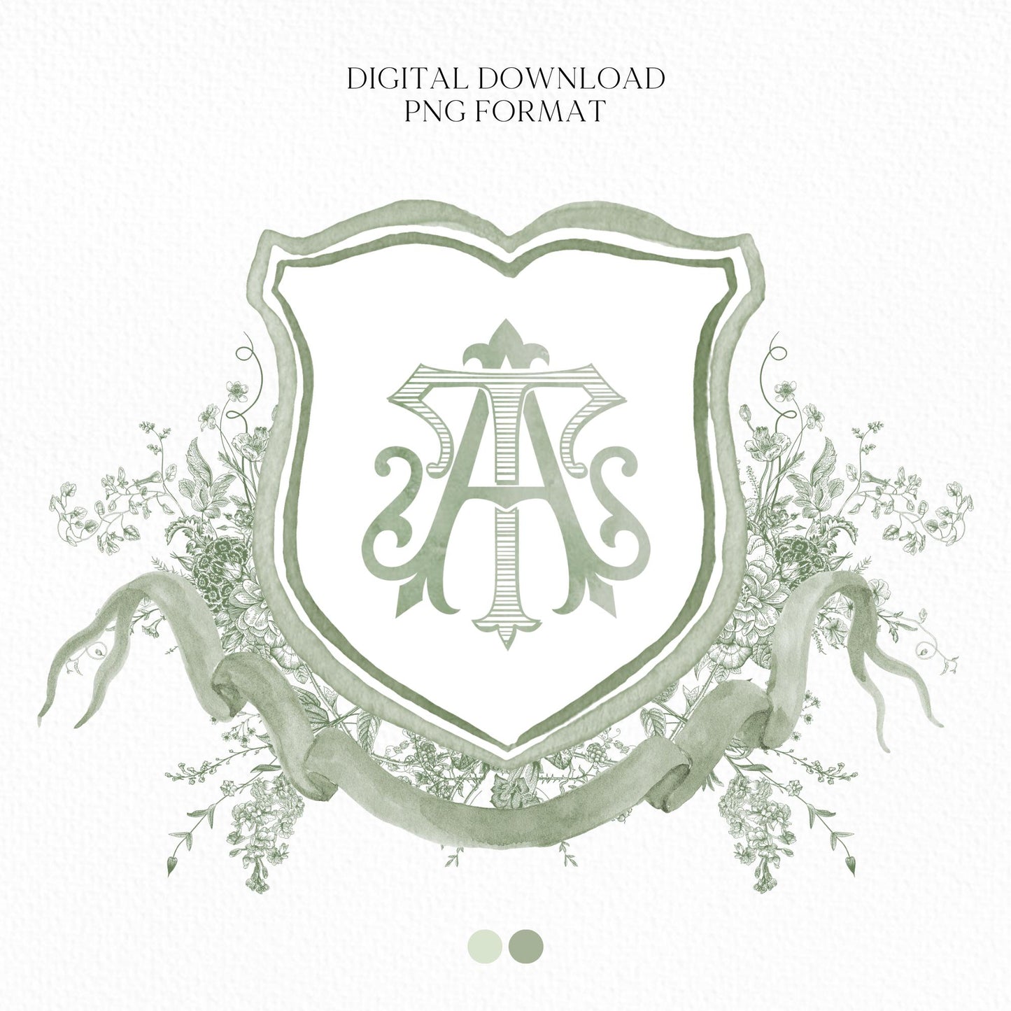 Vintage Moss Green Floral Wedding Crest - Monogram Crest - Vintage Floral Luxury Line art Wedding Crest - Romantic Wedding Crest