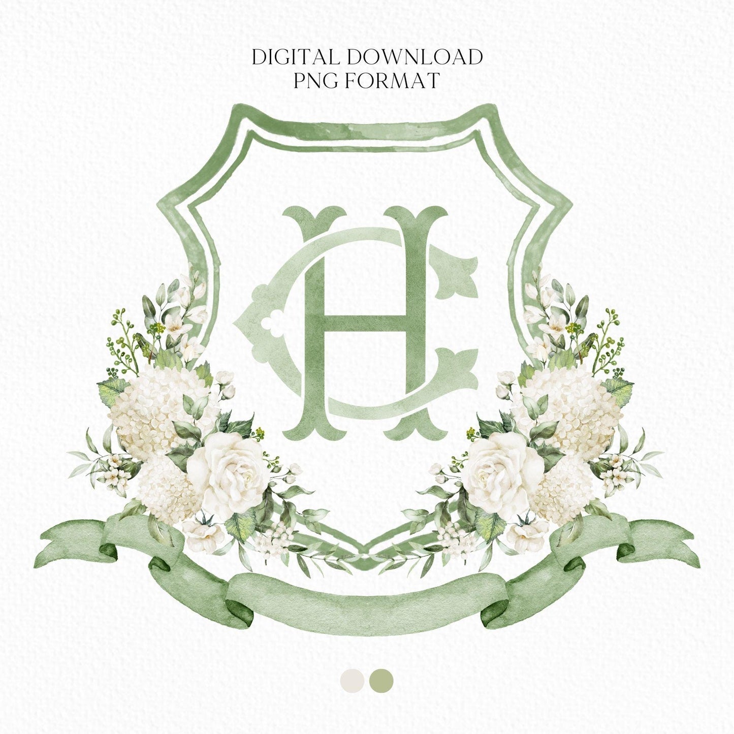 Hydrangea White Rose Greenery Flower Wedding Crest - Monogram Crest - Hydrangea White Floral Watercolor Wedding Crest Romantic Wedding Crest